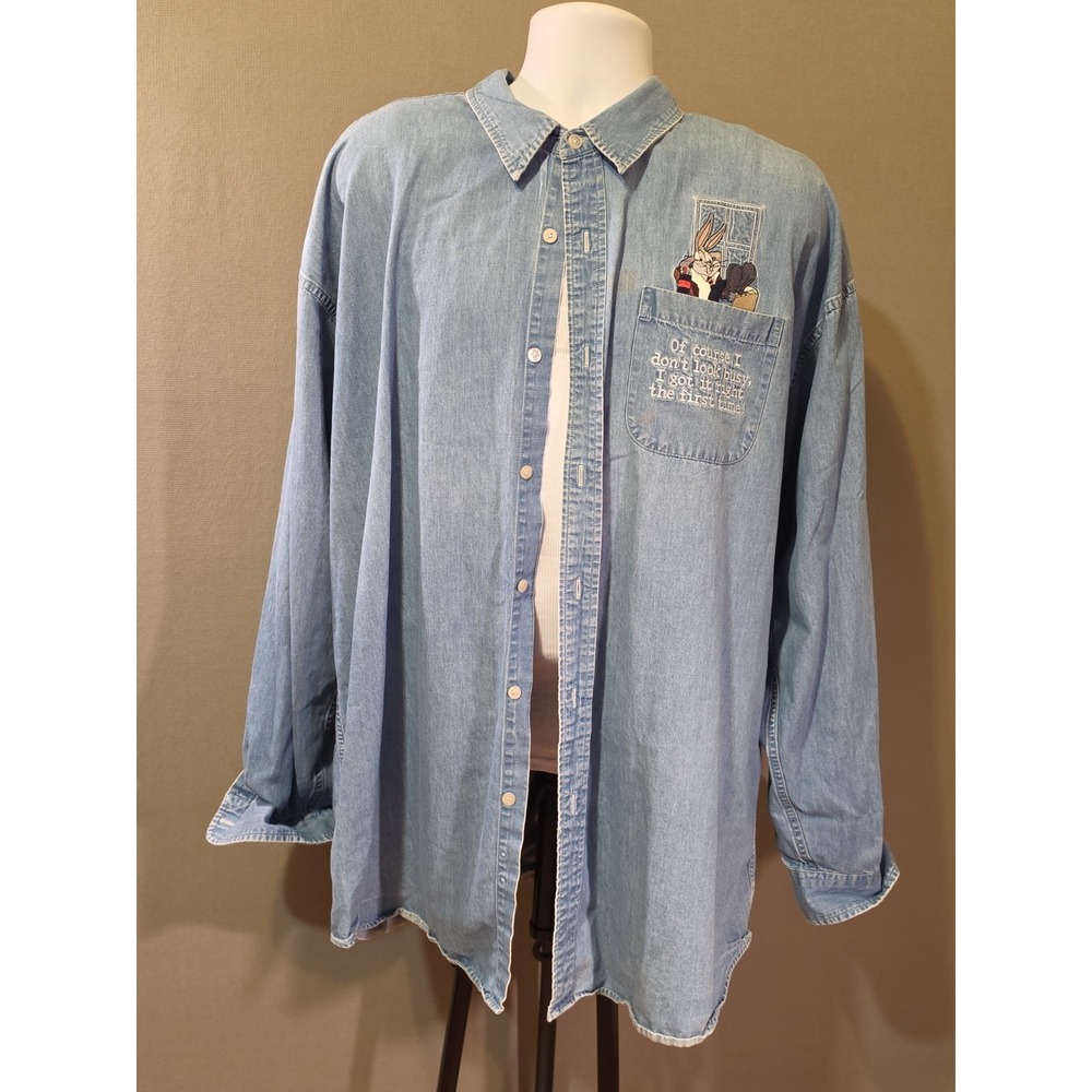 Vintage Bugs Bunny Sports XXL Denim Button Shirt Embroidered Looney Tunes Pocket - Picture 5 of 8